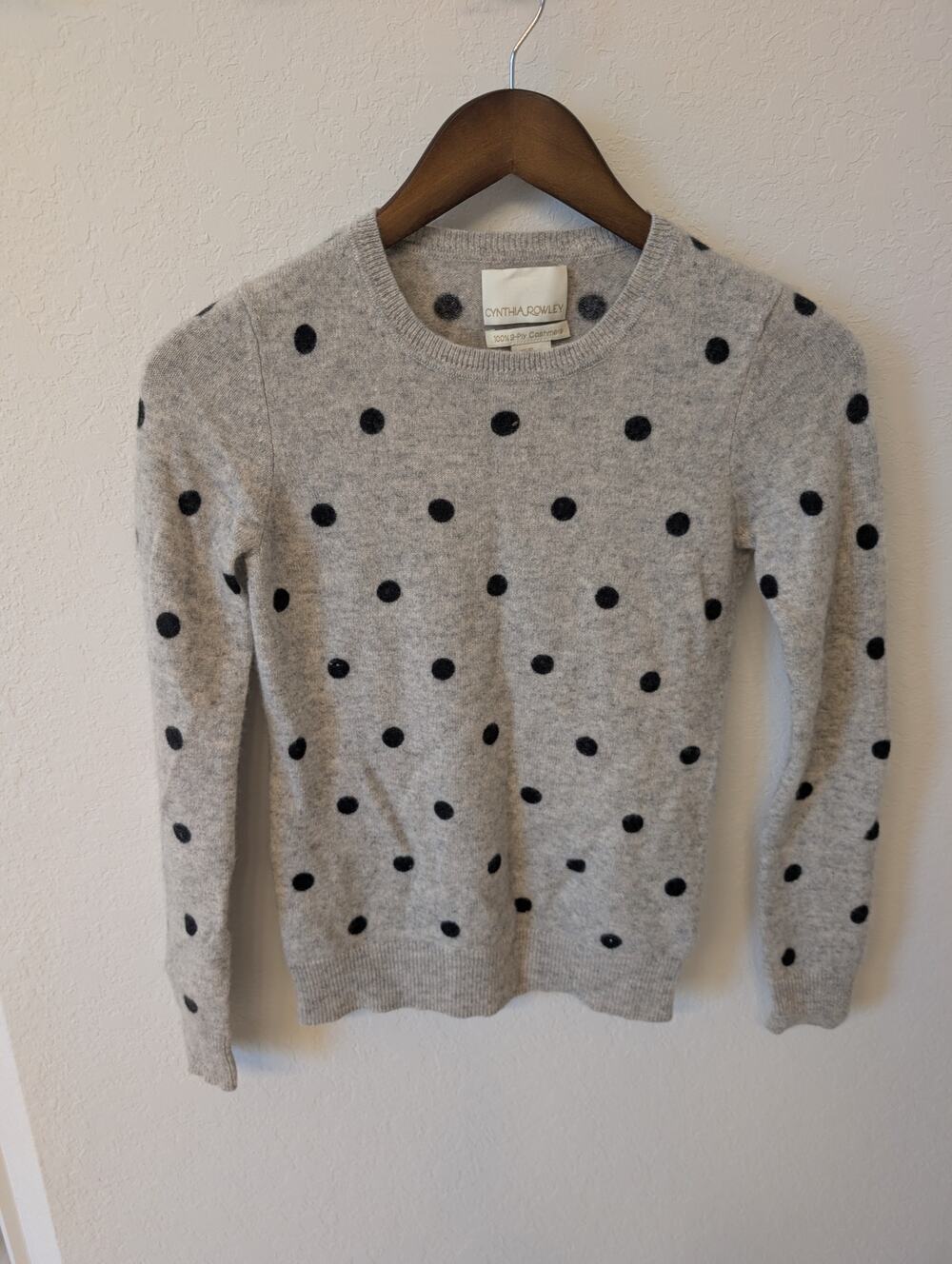 Cynthia Rowley 2 Ply Cashmere Gray Black Polka Dot Sweater XS